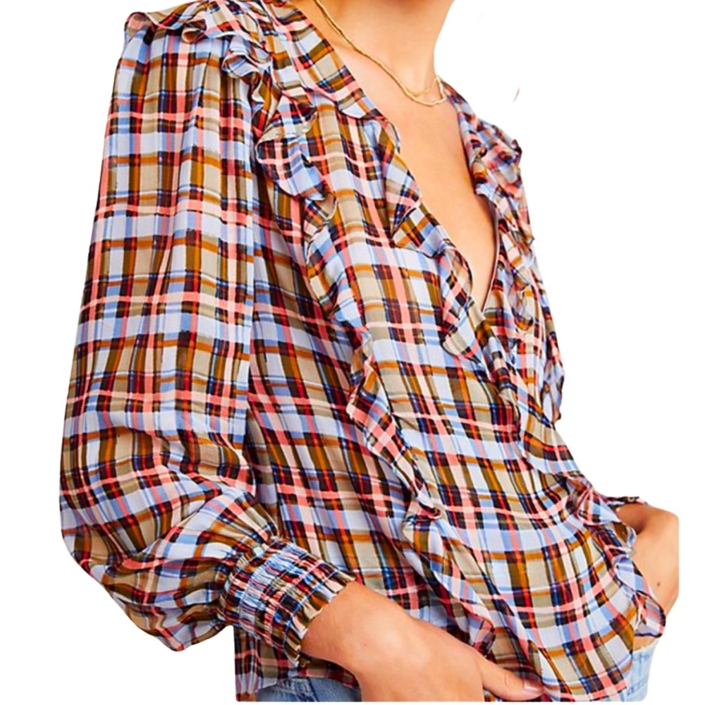 Maeve by Anthropologie Laila Ruffle V-Neck Wrap Front Plaid Blouse, Size 8